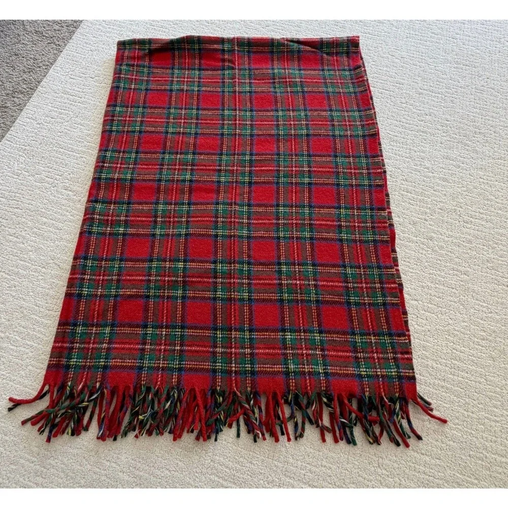 Lands End Coming Home Red Plaid Wool Throw Blanket Fringe USA Made 64X50